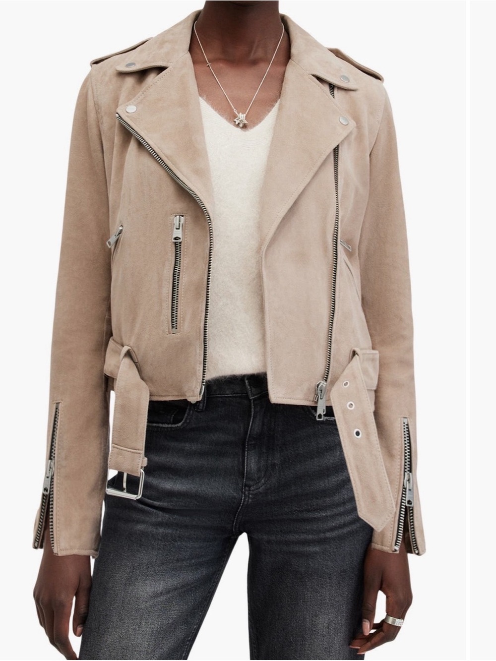NWT AllSaints Balfern • Mushroom Taupe Suede Moto • Quiet Luxury Rebel